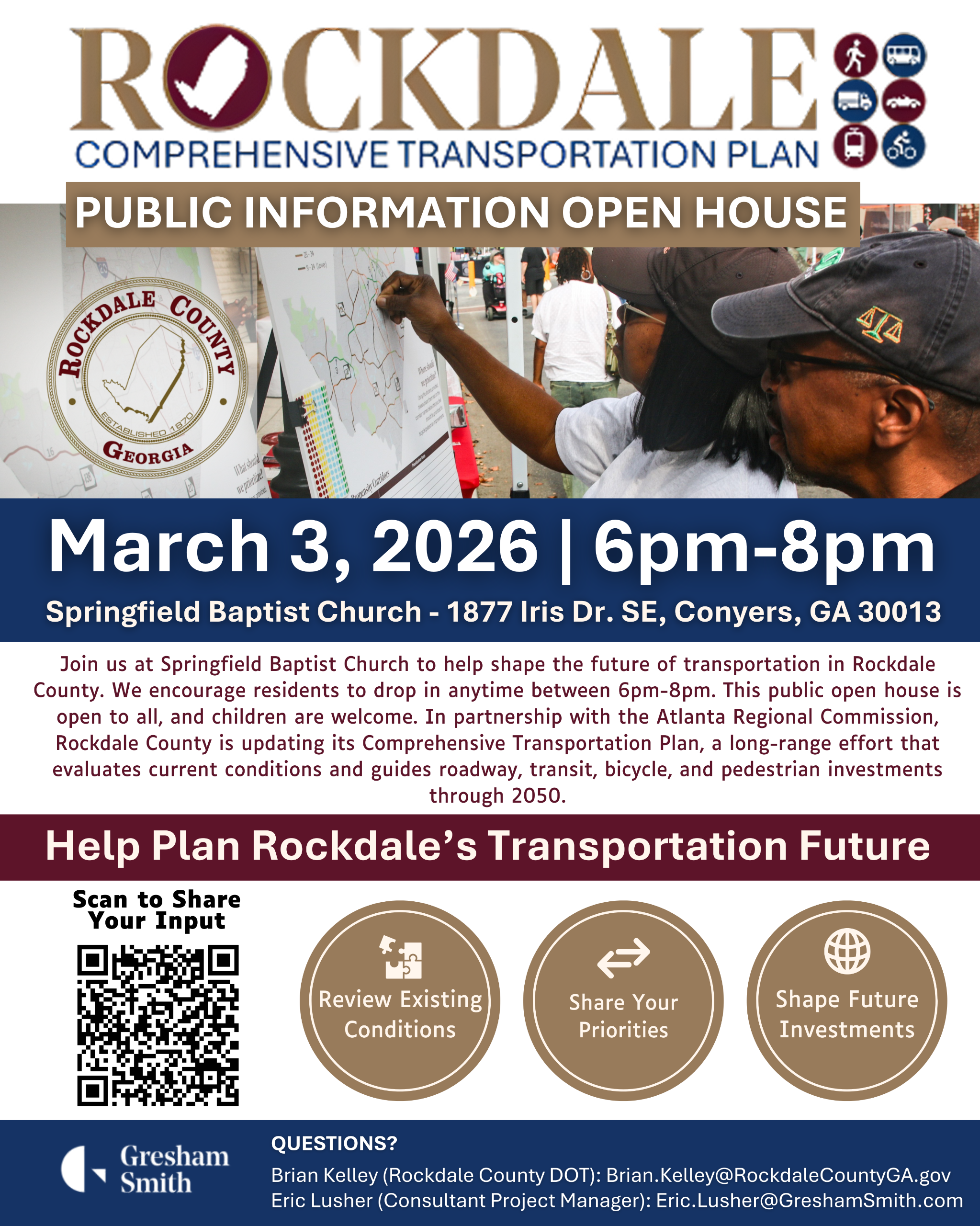 Information for upcoming engagement opportunities on the Rockdale Comprehensive Transportation Plan. A meeting will be held on March 3, 2026, from 6-8PM at Springfield Baptist Church in Conyers, GA.